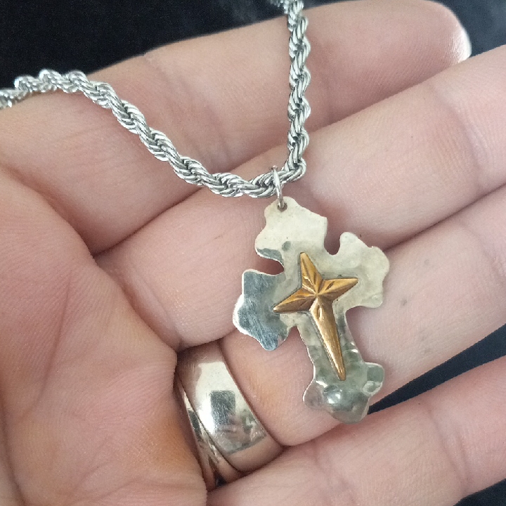 Stainless Rope Chain 20 In With Hammered Gold/Silver Cross Pendant.